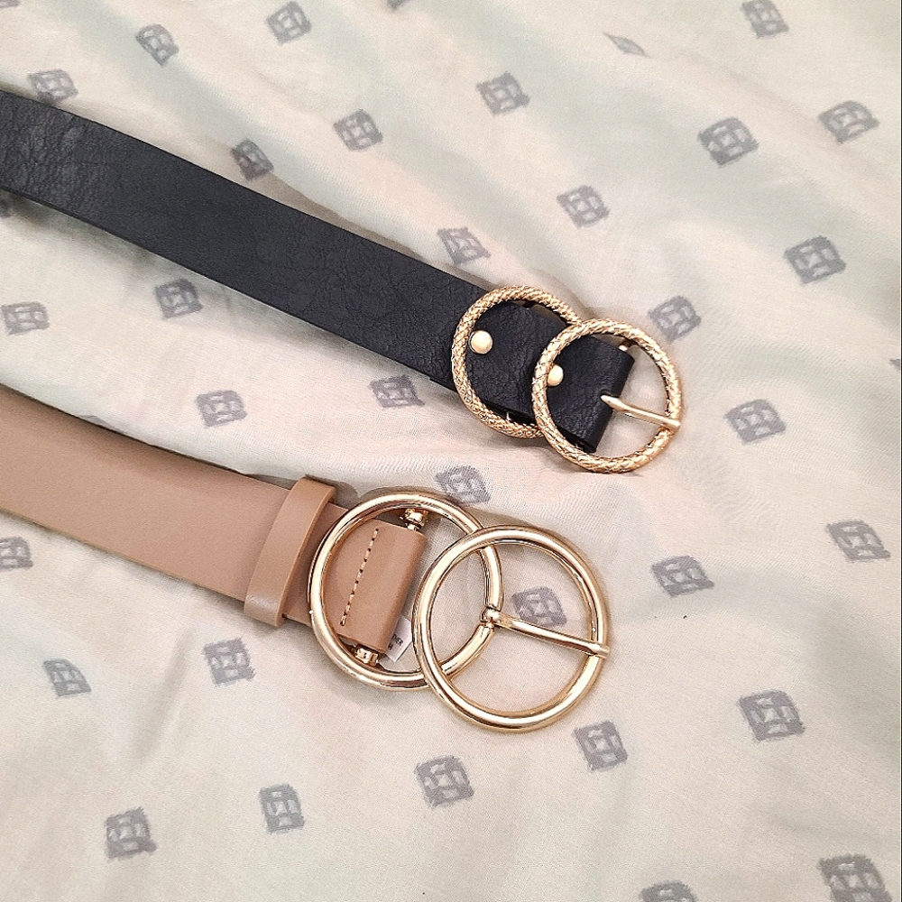 Elegant Black and Tan Belt Set with Gold Double Circle Buckles